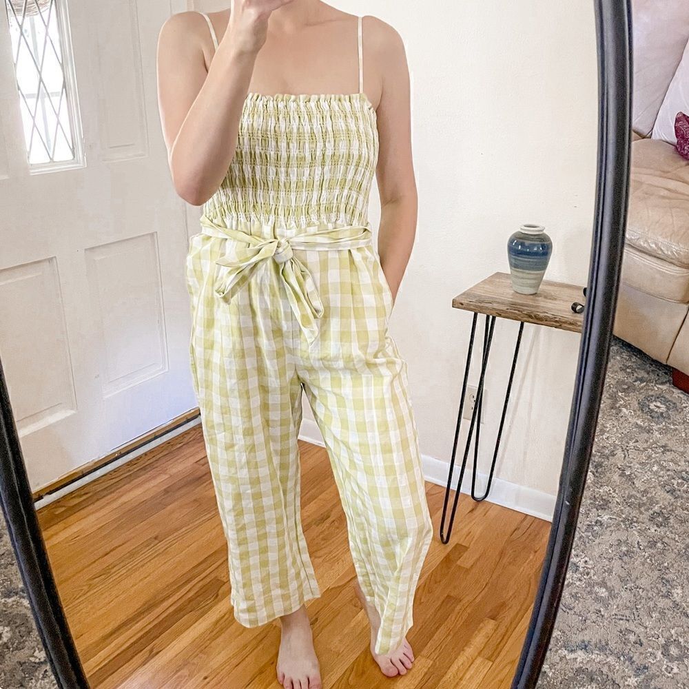 House Of Harlow Linen Gingham Smocked Jumpsuit Lime Green